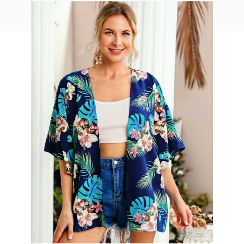 Tropical Print Oversize Boho Beach Coverup Kimono